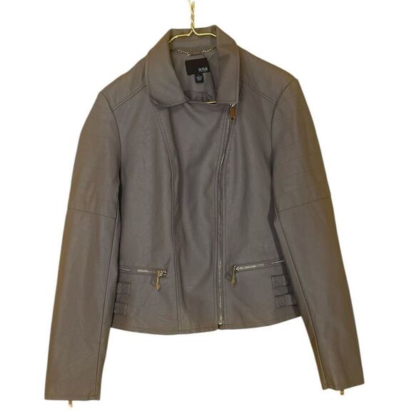 Ana Tan Faux Vegan Leather Long Sleeve Jacket Zip Front Sz L - Picture 1 of 4